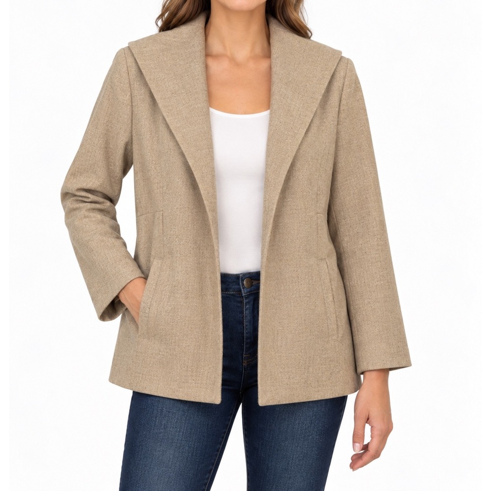Terry Lewis Classic Luxuries Silk Linen Blend Open Front Jacket Tan Womens L